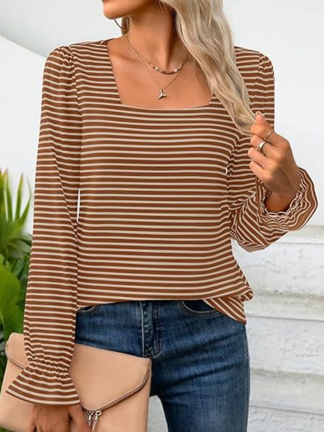 Chic striped flounce sleeve top - Love Salve
